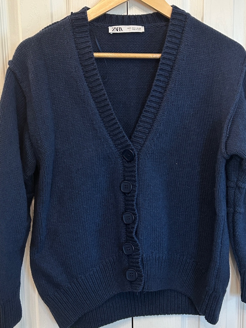 Zara Chunky Knit Oversized V-Neck Cardigan Navy Blue Size S EUC
